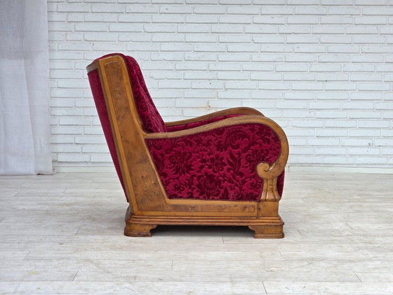 Image 1 of Anni '50, poltrona relax danese, velluto rosso per mobili, legno di quercia.