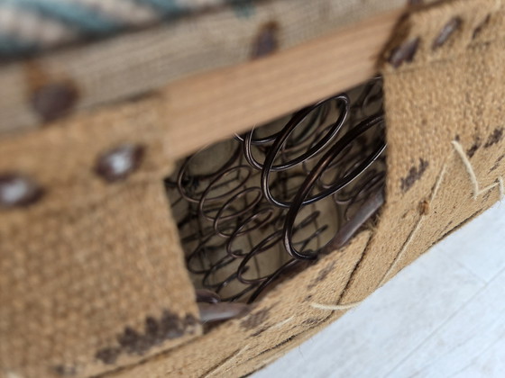 Image 1 of Años 50, sofá danés de 3 plazas, tejido de lana de mobiliario verde/beige, madera de roble.