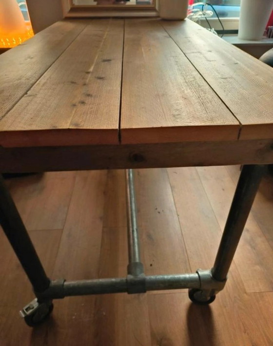 Image 1 of Beautiful scaffolding wood industrial table on wheels