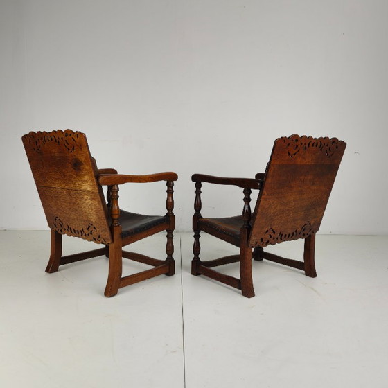 Pair of English Antique Jacobean Monk Armchairs / Tables by F. Parker & Sons Ltd – Wood, Leather (photo 2 of 16)