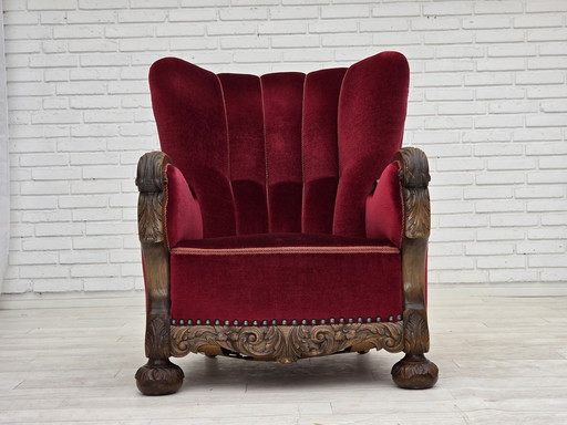 Poltrona relax danese anni &#39;60, velluto rosso ciliegia, legno di quercia