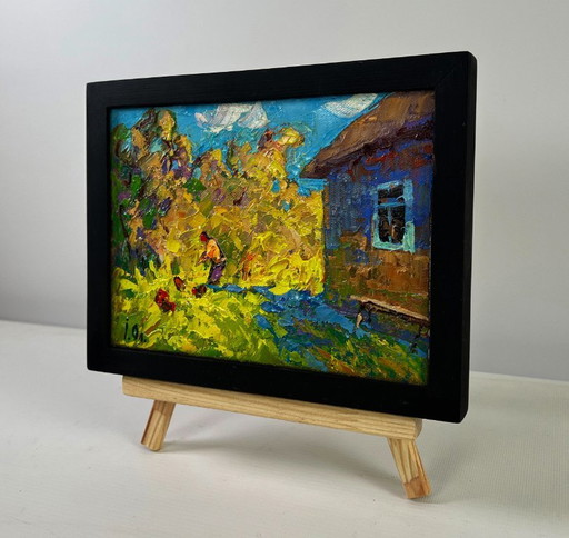 Original Oil Painting Summer Village Landscape The sun in the field