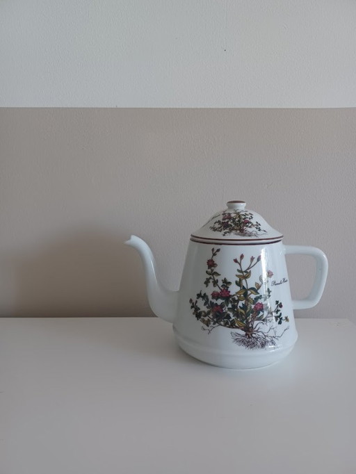 Teiera in porcellana d'epoca. Serigrafia botanica. Herrandiz Spagna.