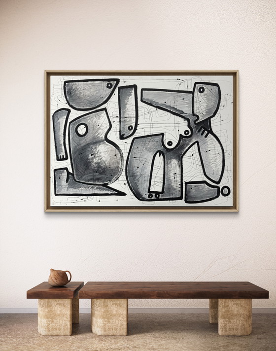 Image 1 of Gigantisch kubistisch schilderij op canvas "Interieurarchitectuur" 140 x 100 cm