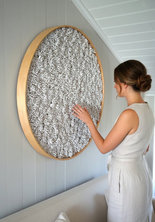 Ronde, gestructureerde 3D-wanddecoratie van klei met lijst: Luxe Slow Living