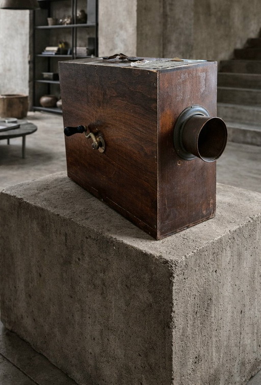 Antique hand-operated ship's fog horn in wooden resonance box – working – ca. 1900