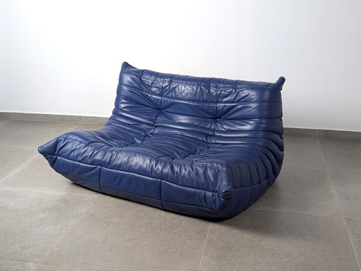 Michel Ducaroy Togo Loveseat in Blue Leather for Ligne Roset, France, 1980s