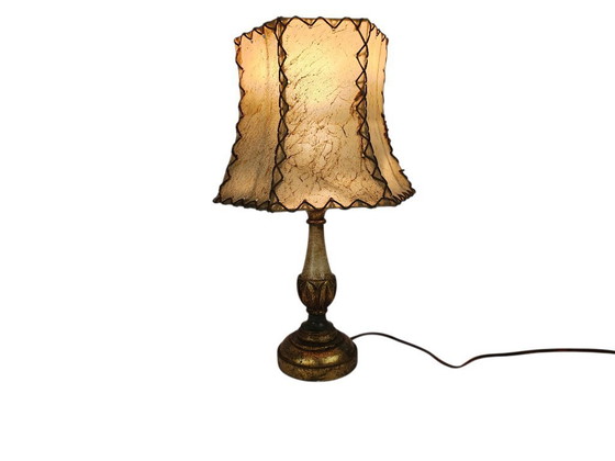 Image 1 of Italian wooden table lamp - gilded - Hollywood Regency style - pigskin handmade lampshade - 70's