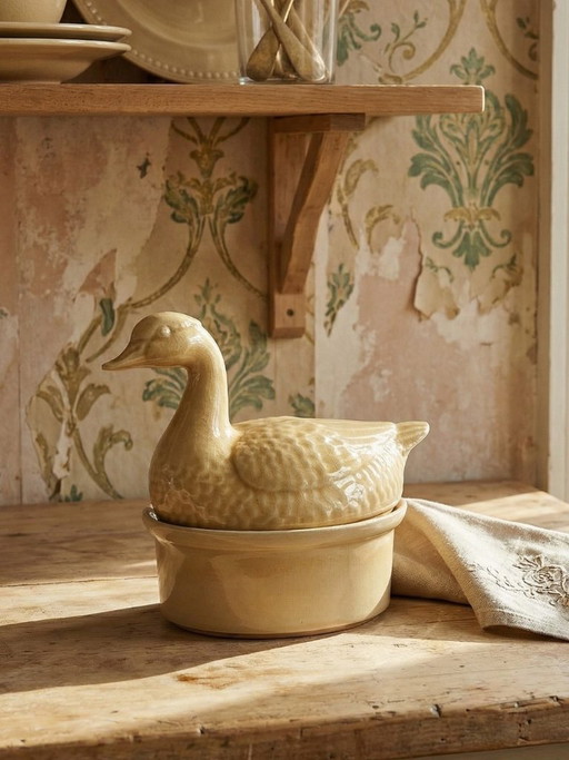 Small vintage GEO terrine from the 1950s-60s, beige earthenware duck