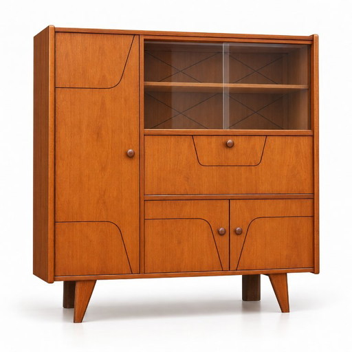 Vintage Mid-Century Highboard – Holz-Wandschrank mit Vitrine 50er/60er Jahre