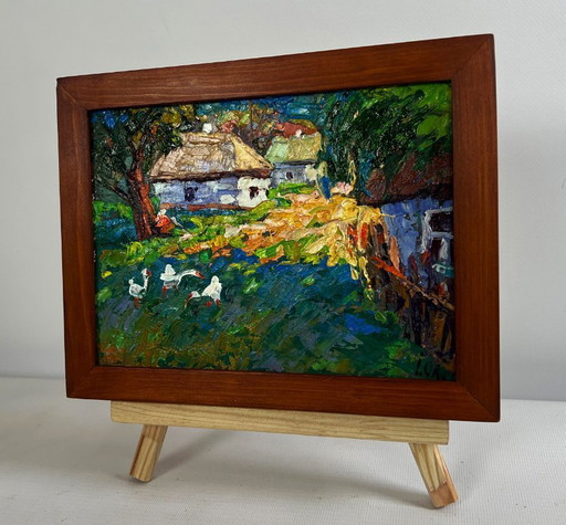 Original Oil Painting Summer Houses Landscape Morning street of the village