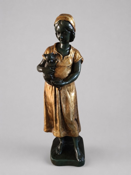 Hermosa escultura antigua de estilo Art Nouveau «Niña con gato» – Hermanos Van Paridon (ca. 1905) – beeldhouwkunst, Other