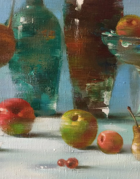 Originales Ölgemälde Abstraktes Flaschen-Früchte-Stillleben – Gemälde & Zeichnungen, Canvas (photo 9 of 12)