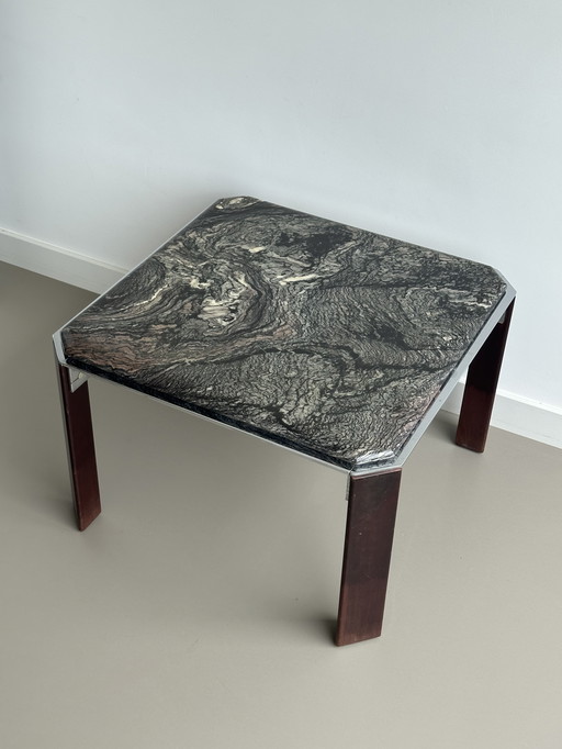 Table basse vintage en marbre métal chrome bois carré 70's