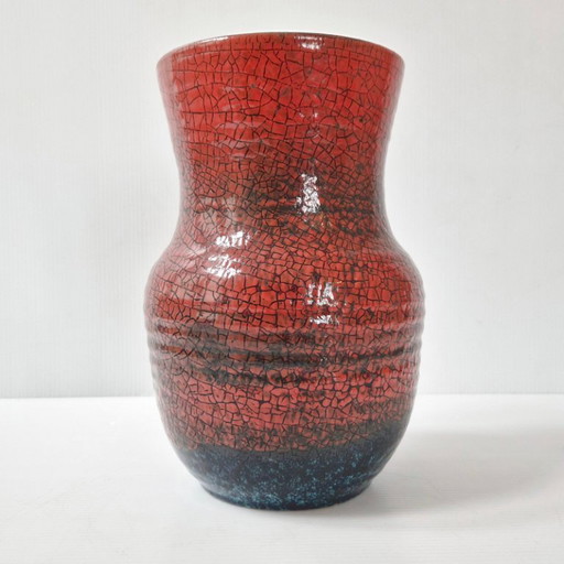 Vintage Accolay Crackle Glaze Ceramic Vase, Red & Blue, 1960s, Signed Accolay, 60s