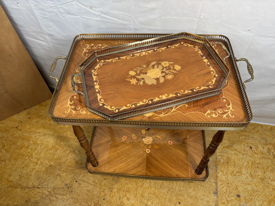 Image 1 of Vintage Italian Inlaid Wood Serving Trolley with Removable Tray Mid-20th Century  A wonderfully elegant piece of mid-century Ita