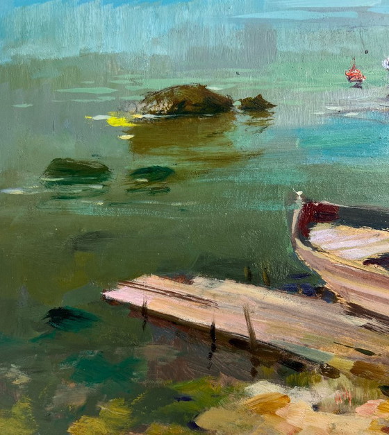 Image 1 of Original Oil Painting Sea Coastal Landscape Harbor at the foot of the hills