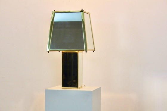 Lampada da tavolo geometrica in ottone e specchio, Belgio, anni '70, Lampade da tavolo, Hollywood Regency (foto 7 di 11)