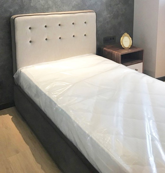 Image 1 of Custom Upholstered Headboard and Bed (Mattress 100 x 190 cm)