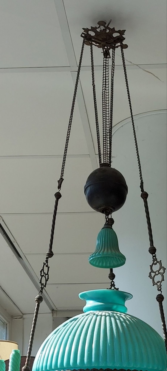 Antike Opalglas-Zugpendelleuchte – Kronleuchter, Messing, Bronze (photo 7 of 7)