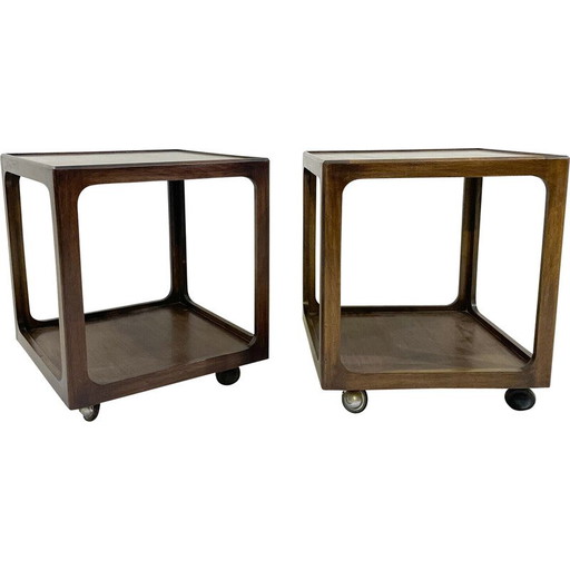 Paar vintage Beistelltische aus Holz mit Rollen, 1960