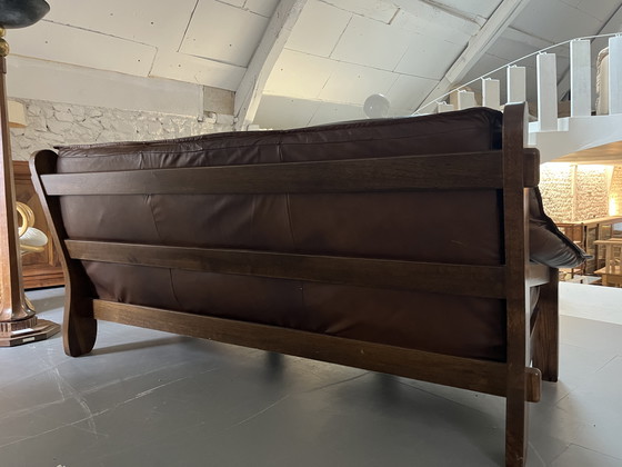 Image 1 of Conjunto de sofá y 2 sillones de los años 60 en madera y cuero