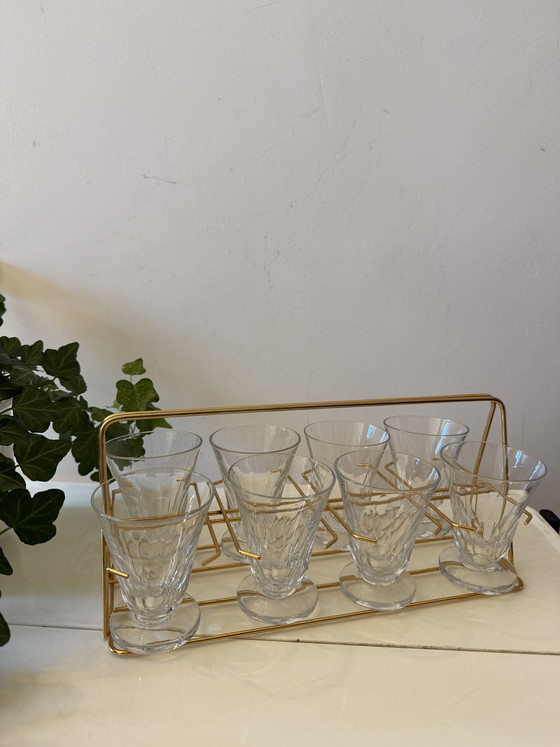 Image 1 of Set of 8 glasses in brass holder, 1950s