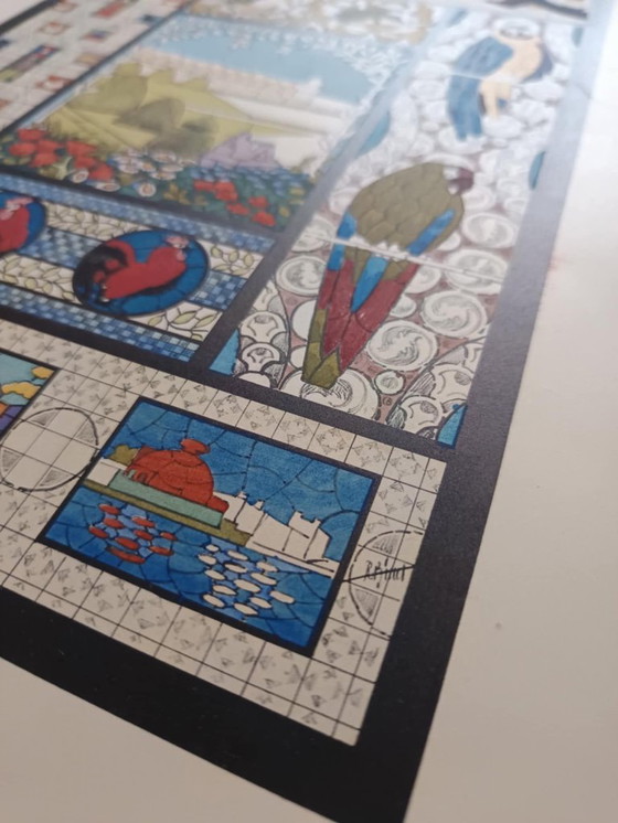 Image 1 of Art Nouveau-illustratie van een glas-in-loodraam door René Binet, 1902.