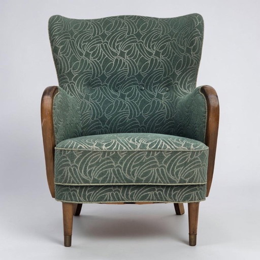 1960s, Danish armchair, green furniture velour, beech wood.