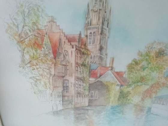Image 1 of Watercolor print of a Flemish landscape, signed
