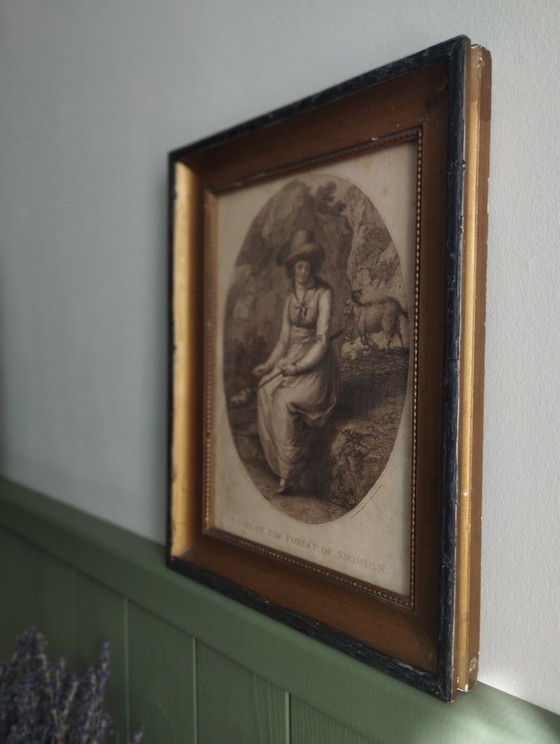 Image 1 of A Girl of the Forest of Snowden - Antique small framed English engraving