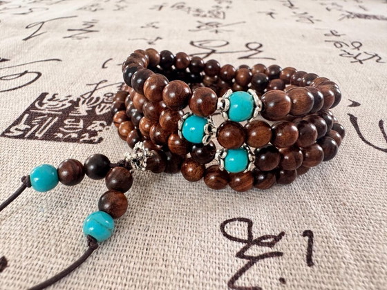 Image 1 of Handmade Natural Dark Rosewood Mala Bracelet 108 Beads Meditation Protection Calming Energy Buddhist Prayer Wooden Necklace