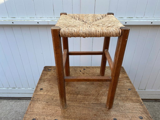 Rustic 1950s wood and straw stool