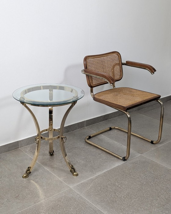 Neoklassieke bijzettafel van messing en facetgeslepen glas met ramkoppen, jaren 70 – Brass (photo 3 of 12)
