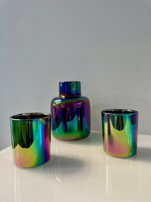 Set of multicolored vase and 2 candle holders – rainbow effect