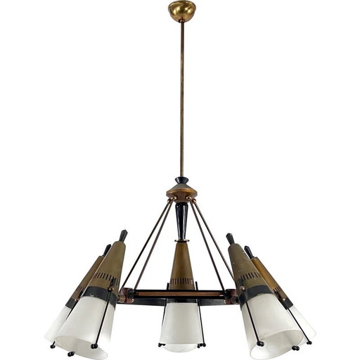 Vintage spoetnik kroonluchter in hout, gelakt metaal, messing en opaline glas van Stilnovo, Italië 1950