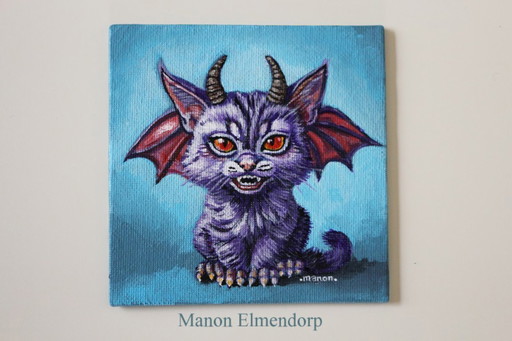 Unique Hand-Painted Fantasy Art Small Cat Painting