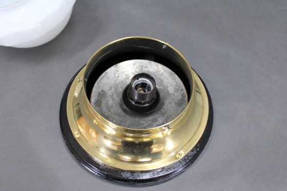 Image 1 of Secessie messing en glazen tafellamp uit 1920, Tsjecho-Slowakije