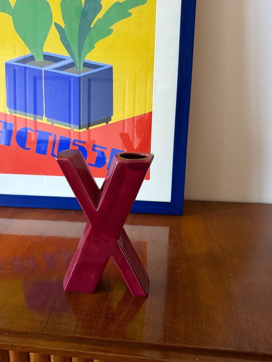 Image 1 of Jarrón de cerámica solifleur en forma de letra X roja de la era espacial, Marcel Radureau Francia ca. 1970