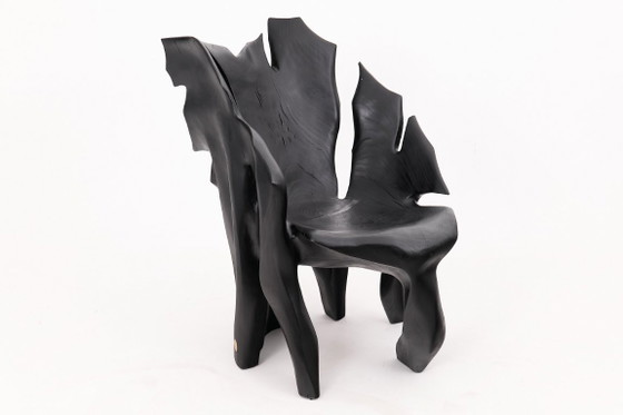 Image 1 of Fauteuil sculptural en bois noir carbonisé aux formes organiques par Logniture