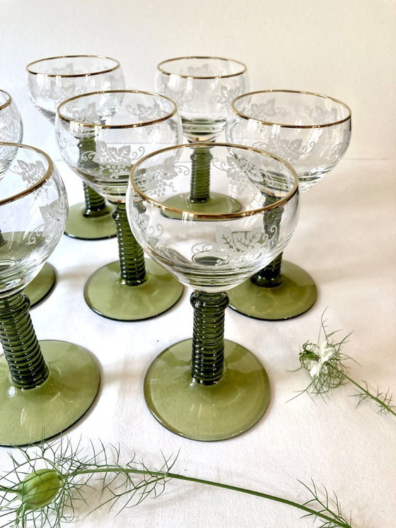 Image 1 of 7 Roemer Alsace wine glasses, moss green stepped stems and gold rim
