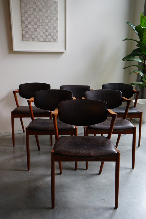 6 chaises Kai Kristiansen | Modèle 42 | Teck cuir patiné