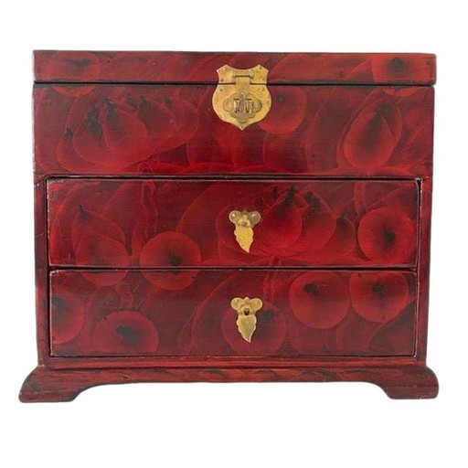Coffret à bijoux chinois vintage en bois laqué rouge et laiton des années 1960