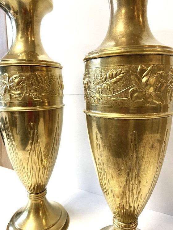 Image 1 of Antique Pair of Art Nouveau Yellow Copper Baluster Soliflore Vases
