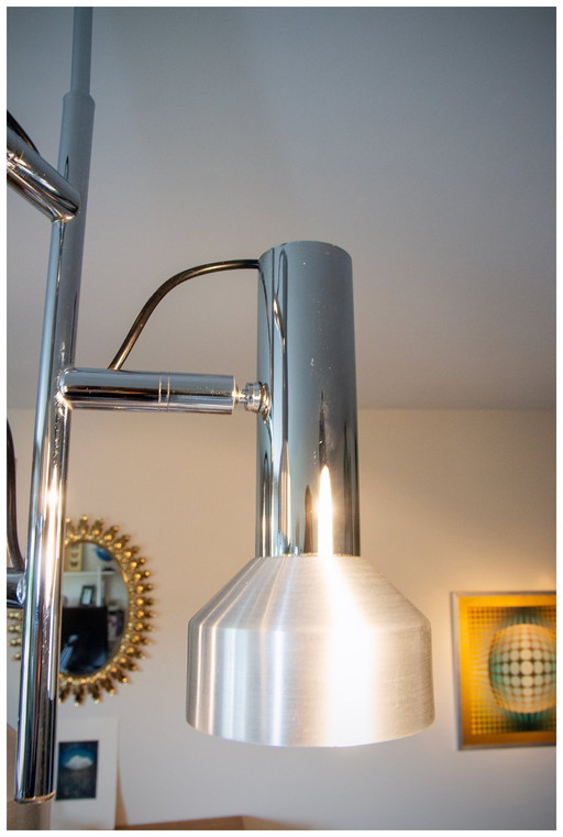 space age 1970 hanglamp, 3 verstelbare chromen spots