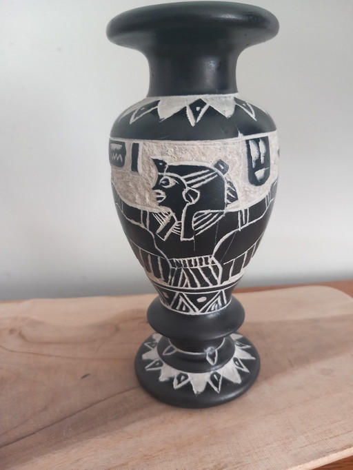 Handcrafted Egyptian Vase in Black Basalt, Hand-Carved - Deities Isis & Horus - 16 cm