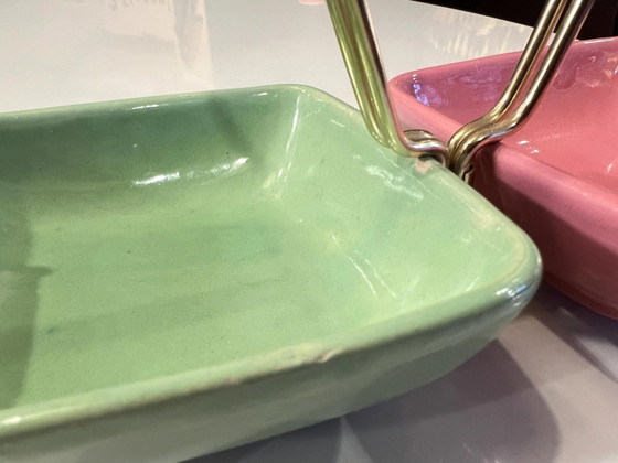 Ciotola Mid Century per snack e servizio in menta e rosa con manico in ottone degli anni '50, made in Germany (photo 5 of 7)