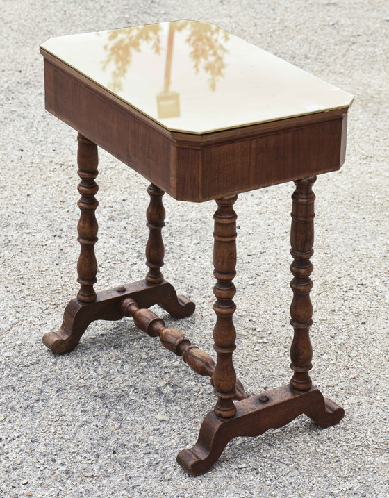 Late 19th Century Italian Occasional Table with Turned Base, Drawer, and Glass Top, Coffee tables, Wood, Brown (photo 6 of 8)
