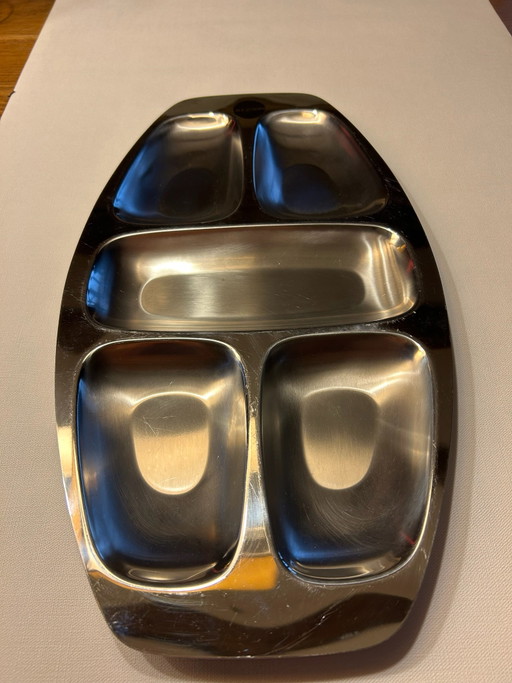 Vintage Alessi Acier Inoxydable Antipastiera / Plat à Hors-d'œuvre - 5 compartiments - modèle 2400 - Mazzeri & Vitale