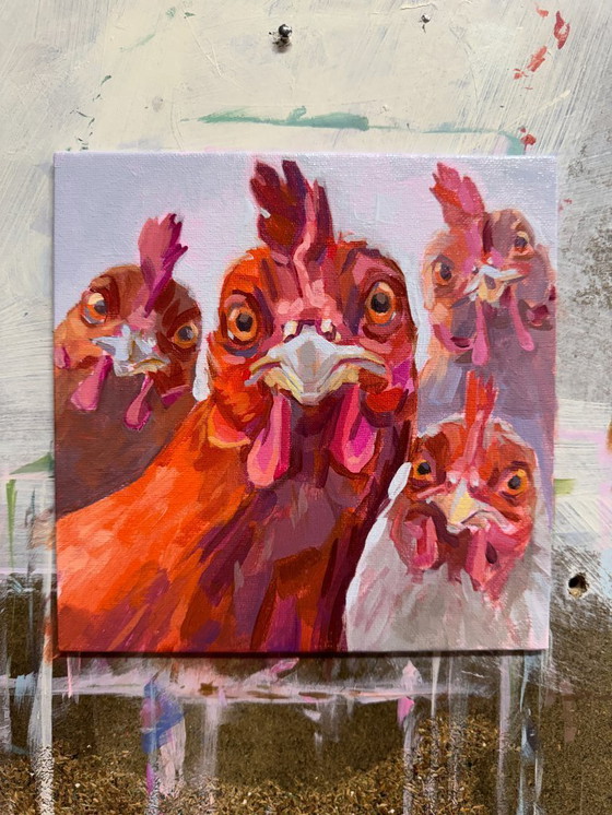 Image 1 of Hühner, Contemporary Impressionism in Miniature, 20x20; Sandra Kolondam